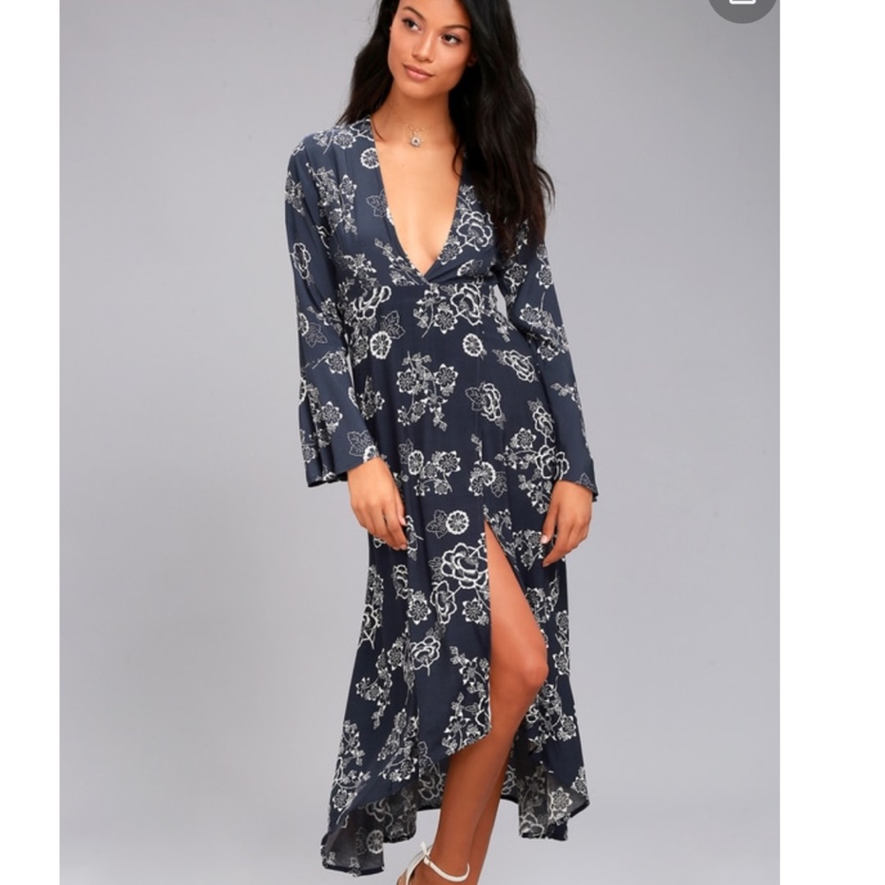 Faithfull navy maxi wrap dress w bell sleeves